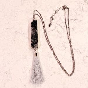 *3/$20* Gray crystal and tassel pendant gold tone long necklace
